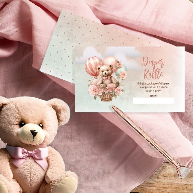 Cartão De Informações Chá de Bebê de Ursinho de Pelúcia com Balões Rosa, (Teddy Bear in a Hot Air Balloon with Pink Flowers Girl Baby Shower Diaper Raffle Cards)