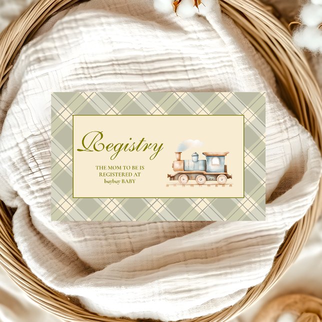 Cartão De Informações Chá de Bebê do Trem com Aquarela Verde Lista de Pr (Criador carregado)