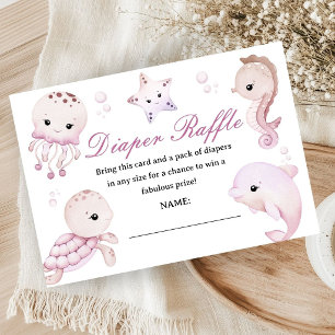 Cartão De Informações Chá de Bebê Menina Rosa Diaper Raffle Oceano Mar