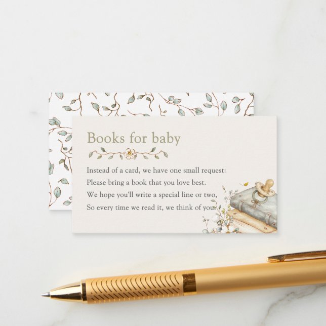 Cartão De Informações Chá de Bebê Rustico Botânico Livros Para Bebê (Frente/Verso In Situ)