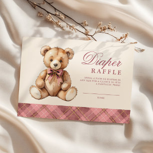 Cartão De Informações Chá de Bebê Urso Xadrez Rosa Sorteio de Fraldas