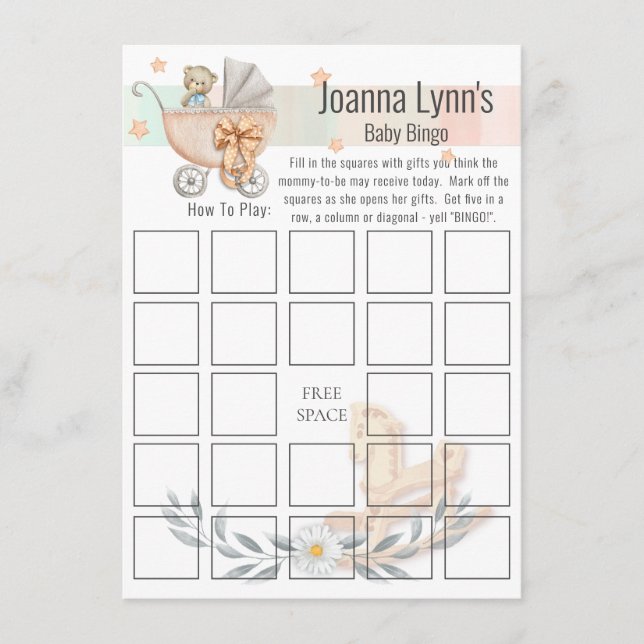 Cartão De Informações Chá de fraldas Bingo Card | Urso e Cavalo de Rocha (Frente)