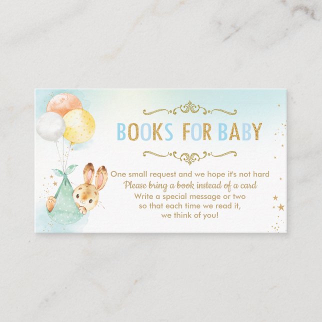 Cartão De Informações Chá de fraldas Bunny Balloons Traga um Livro (Frente)