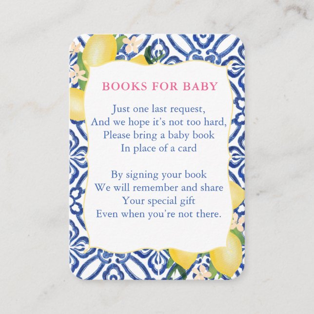 Cartão De Informações Chá de fraldas De Limões Italianos Traz Uma Biblio (Frente)