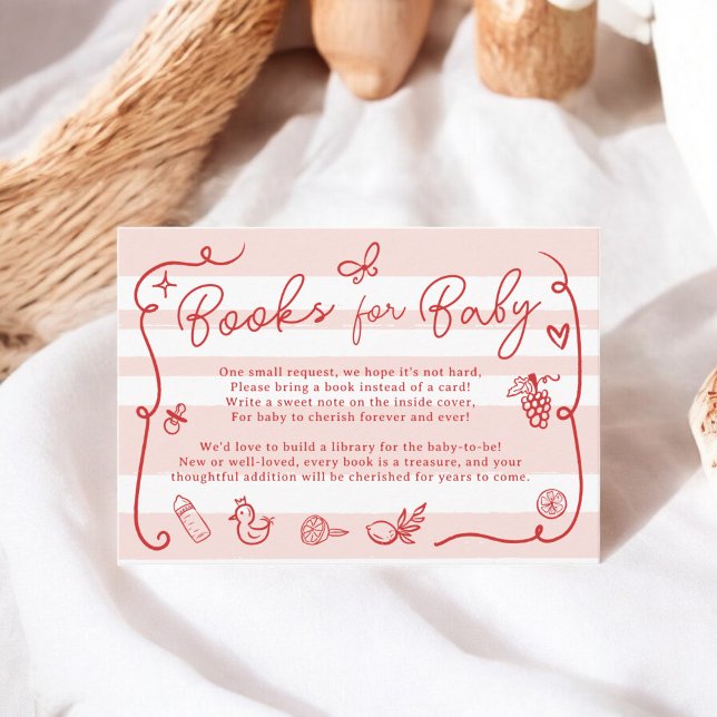 Cartão De Informações Chá de fraldas de Livros Ilustrados com Traço Retr (Red Pink Retro Cute Illustrated Books Baby Shower Enclosure Card)