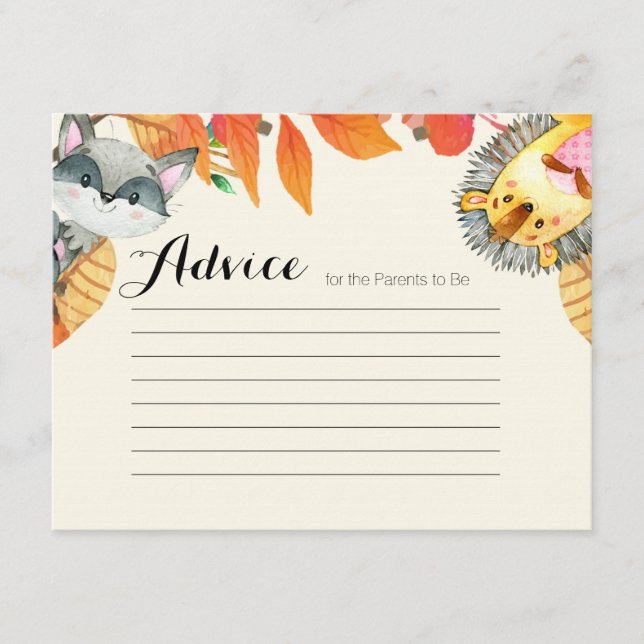 Cartão De Informações Chá de fraldas Rustic Pumpkin Animal Advice Card (Frente)