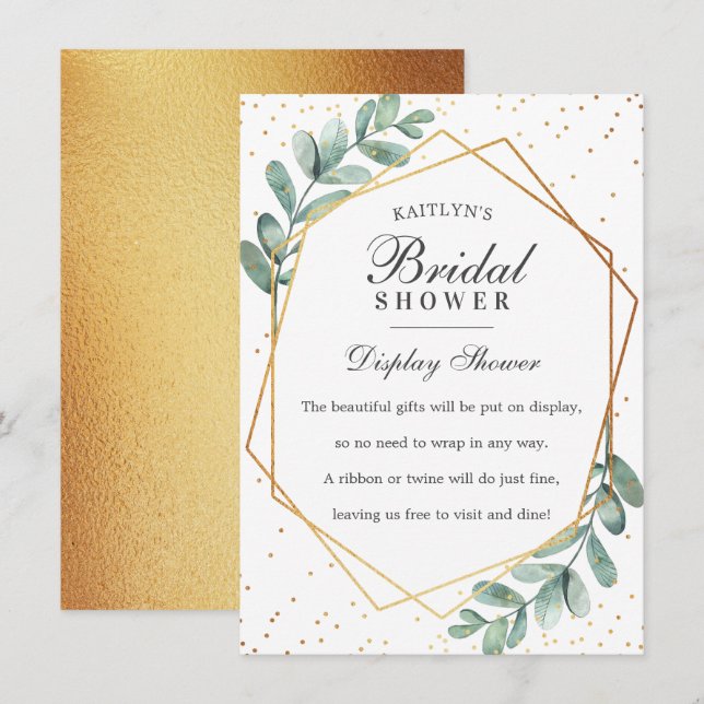 Cartão De Informações Chá de Noiva Geométrico Eucalipto Dourado (Frente/Verso)