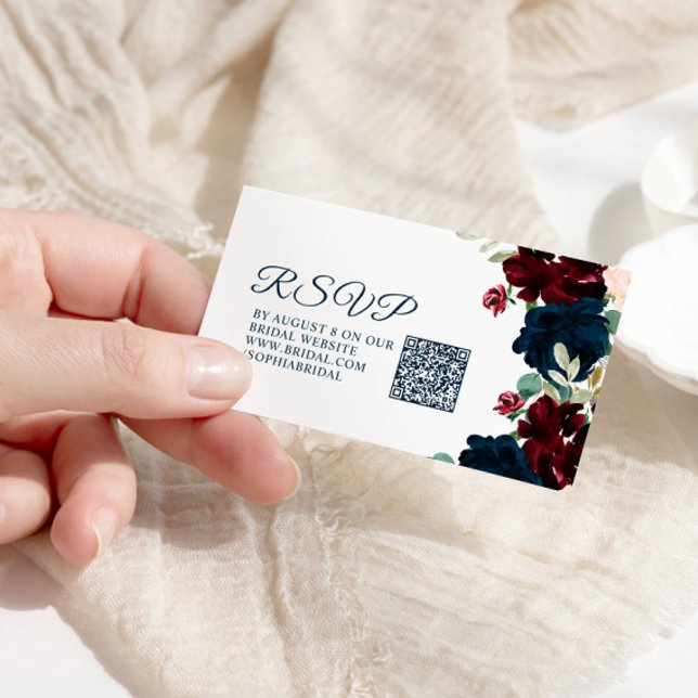 Cartão De Informações Chá de Noiva Rústico Burgundy & Navy QR RSVP (Criador carregado)