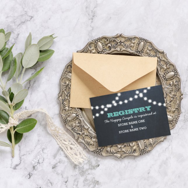 Cartão De Informações Chalkboard Lights Teal Bridal Registry (Criador carregado)