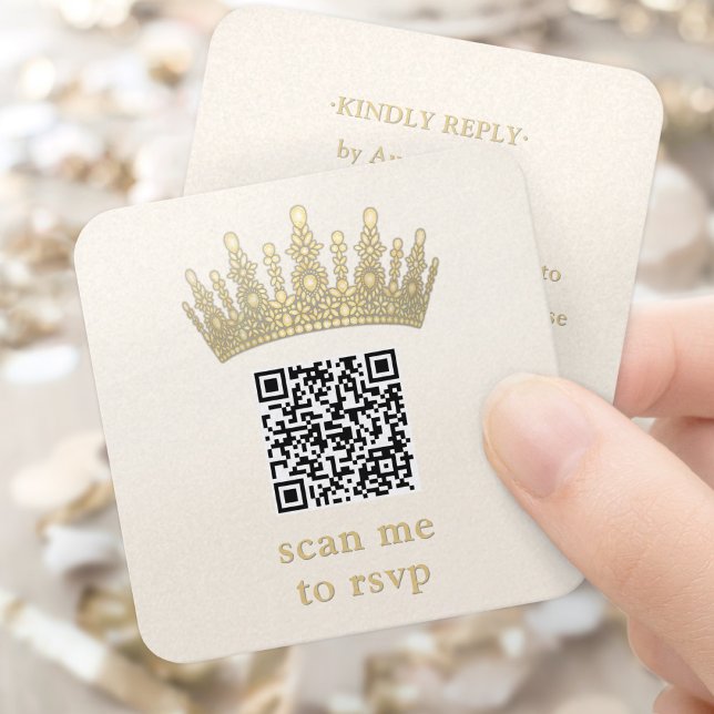 Cartão De Informações Champagne & Gold Quinceañera Crown Scan Me QR RSVP (Criador carregado)