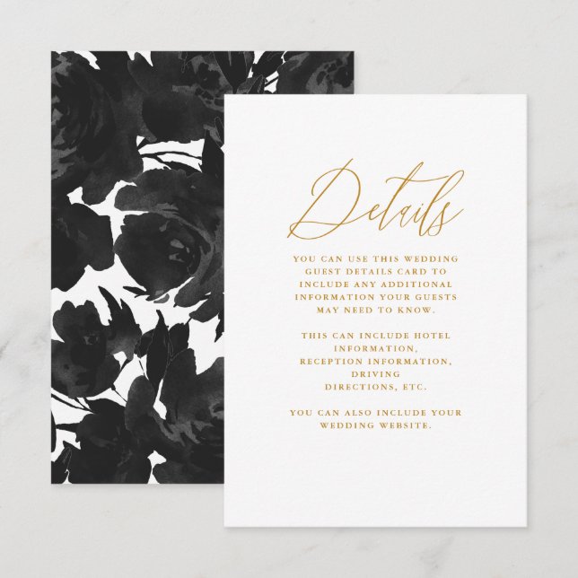 Cartão De Informações Chic Black Floral com Casamento Calliográfico (Frente/Verso)