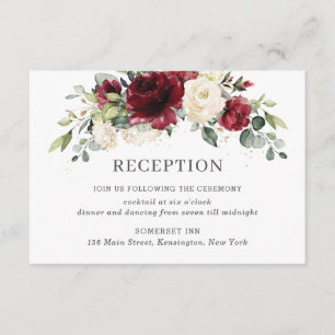 Cartão De Informações Chic Burgundy Ivory Floral Recepção de casamento