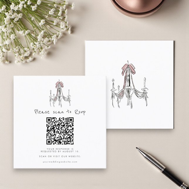 Cartão De Informações Chic Chandelier Blush Pink Bow Wedding RSVP Card (Criador carregado)