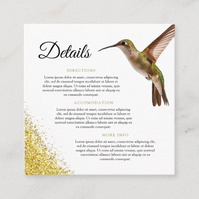 Cartão De Informações Chic Green Hummingbird e Dourado Casamento de Poei (Frente)