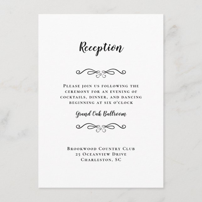 Cartão De Informações Chic Preto de Recepção de Casamento Elegante (Frente)