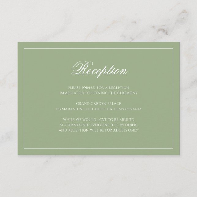 Cartão De Informações Chic Sage Green Monogram Script Wedding Reception (Frente)