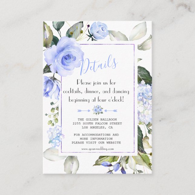 Cartão De Informações Chic Watercolor Azul Moldura Floral Casamento Deta (Frente)