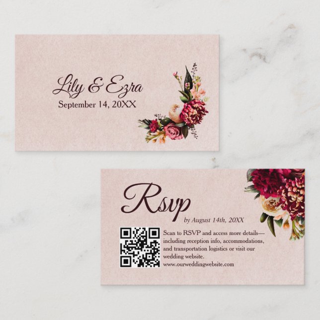 Cartão De Informações Chrysanthemum Elegante Burgundy RSVP Card Código Q (Frente/Verso)
