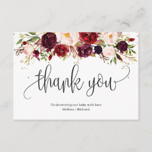 Cartão De Informações Chuva de bebê floral dourada marsala rústica em bu