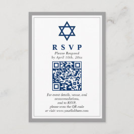 Cartão De Informações Cinza e Bar Azul Mitzvah Código QR RSVP
