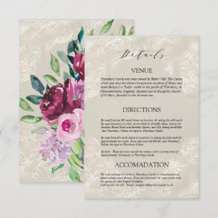 Cartão De Informações Cinzas Decorativas, Vinho e rosas Casamento