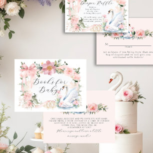Cartão De Informações Cisne Laço Rosa Elegantes Livros Florais para Bebê