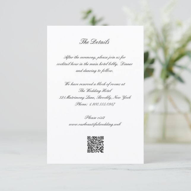Cartão De Informações Classic Black and White QR Code Timeless Wedding (Em pé/Frente)