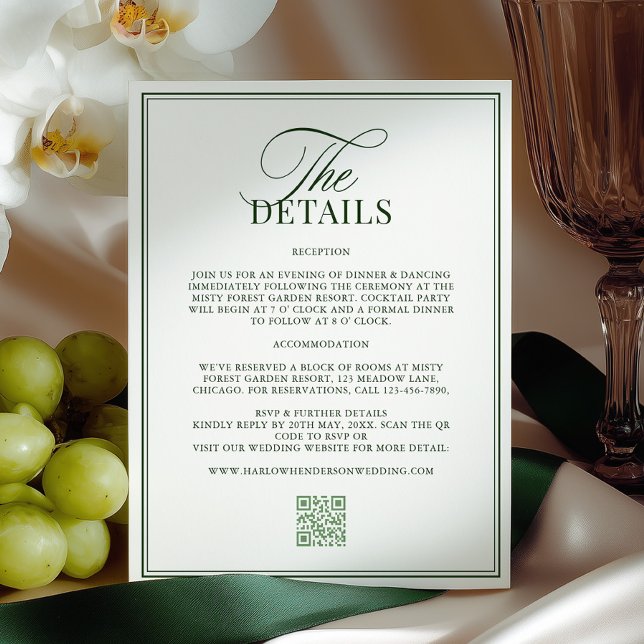 Cartão De Informações Classic Dark Green Wedding Details (Criador carregado)