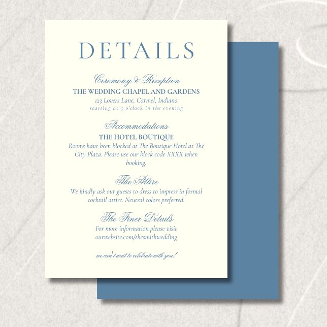 Cartão De Informações Classic Dusty Blue Minimalist Wedding Details (Classic Dusty Blue Minimalist Wedding Details Enclosure Card)