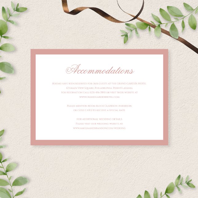 Cartão De Informações Classic Dusty Rose Script Wedding Accommodations (Criador carregado)