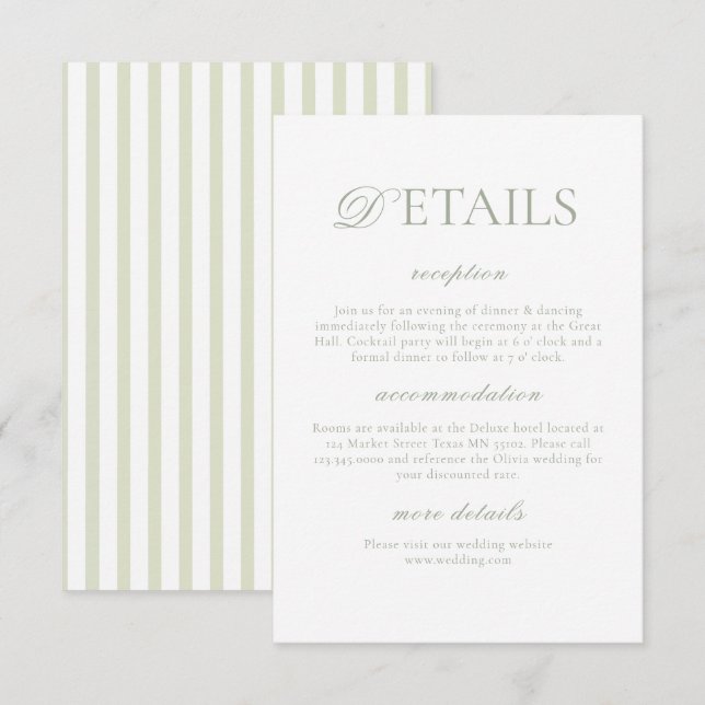 Cartão De Informações Classic Elegant⎮Sage Green Striped Wedding Details (Frente/Verso)
