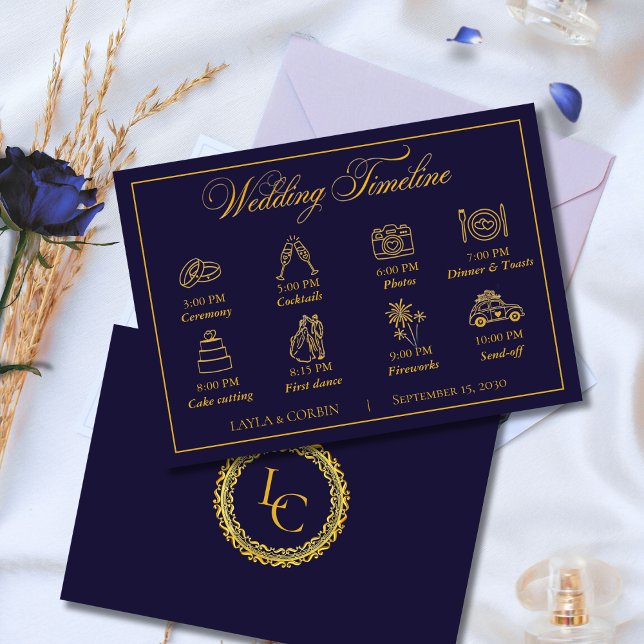 Cartão De Informações Classic Gold Frame Royal Monogram Wedding Timeline (Criador carregado)