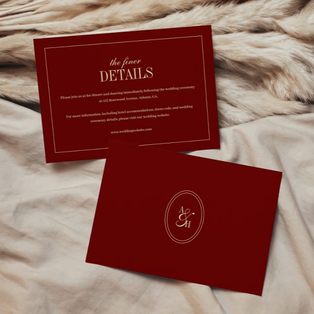 Cartão De Informações Classic Monogram Wine Red Wedding Details (Criador carregado)