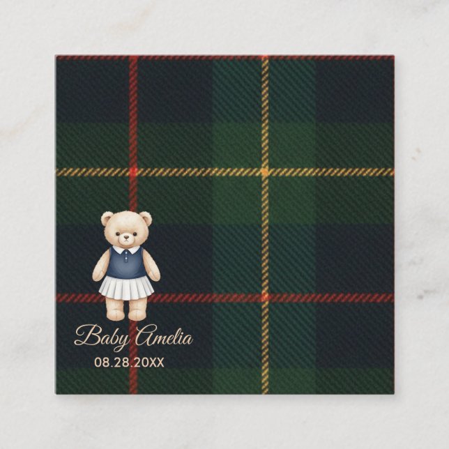 Cartão De Informações Classic Polo Teddy Bear Preppy Plaid Baby Shower  (Frente)
