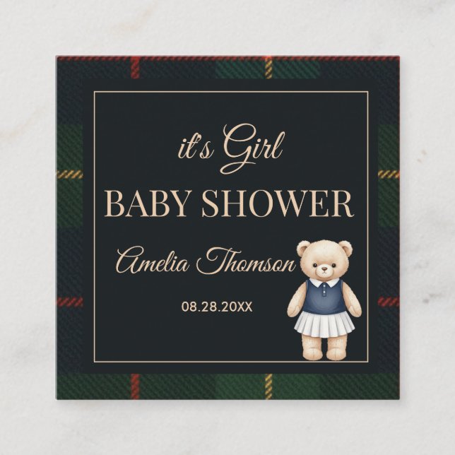 Cartão De Informações Classic Polo Teddy Bear Preppy Plaid Baby Shower  (Frente)