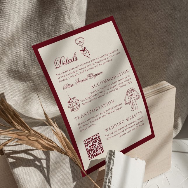 Cartão De Informações Classic QR Code Wedding Details Deep Red Old Money (Criador carregado)