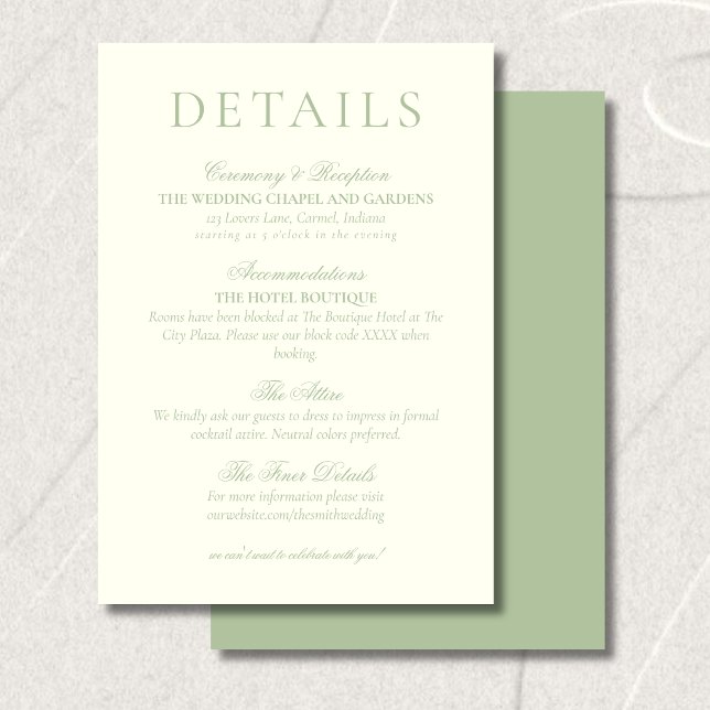 Cartão De Informações Classic Sage Green Minimalist Wedding Details (Classic Sage Green Minimalist Wedding Details Enclosure Card)