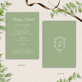 Cartão De Informações Classic Sage Green Monogram Crest Wedding Details