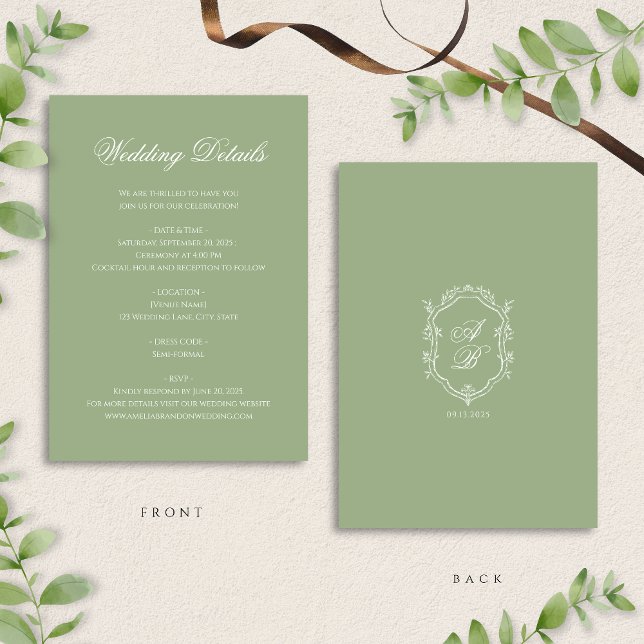 Cartão De Informações Classic Sage Green Monogram Crest Wedding Details (Criador carregado)