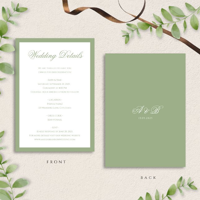 Cartão De Informações Classic Sage Green Monogram Script Wedding Details (Criador carregado)