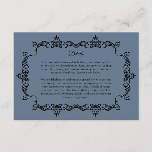 Cartão De Informações Classic Slate Blue Ornately Framed Wedding (Frente)