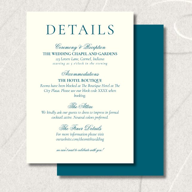 Cartão De Informações Classic Teal Blue Minimalist Wedding Details (Classic Teal Blue Minimalist Wedding Details Enclosure Card)