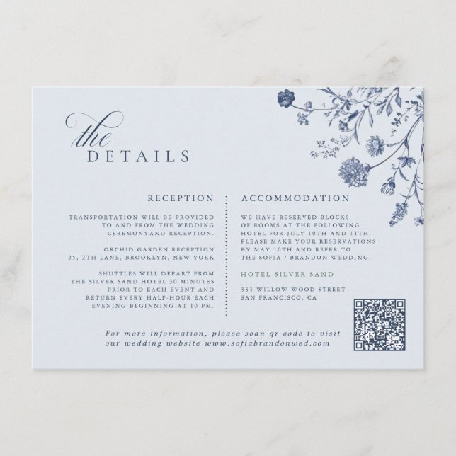 Cartão De Informações Classic Victorian Blue French QR Code Wedding (Frente)