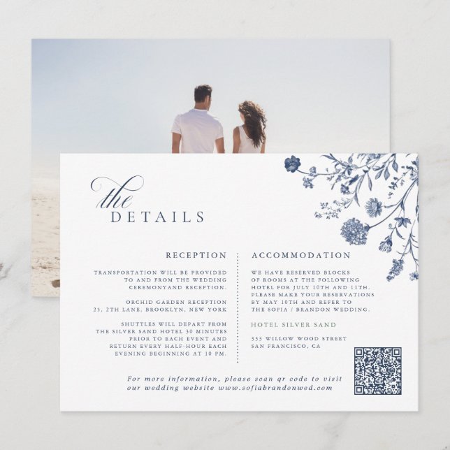 Cartão De Informações Classic Victorian Blue French QR Code Wedding (Frente/Verso)