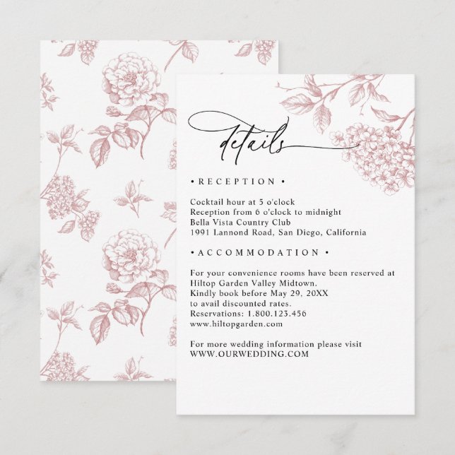 Cartão De Informações Classic Victorian Pink Floral Wedding Details (Frente/Verso)