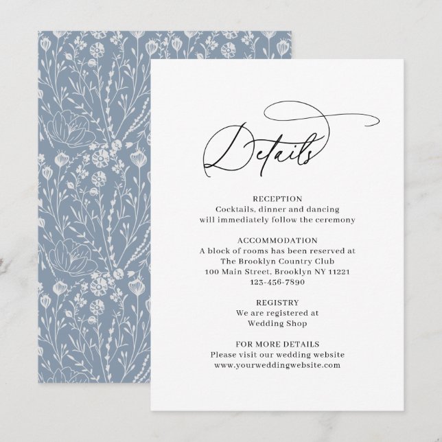 Cartão De Informações Clássico Elegante Arte Floral Dusty Casamento Azul (Frente/Verso)