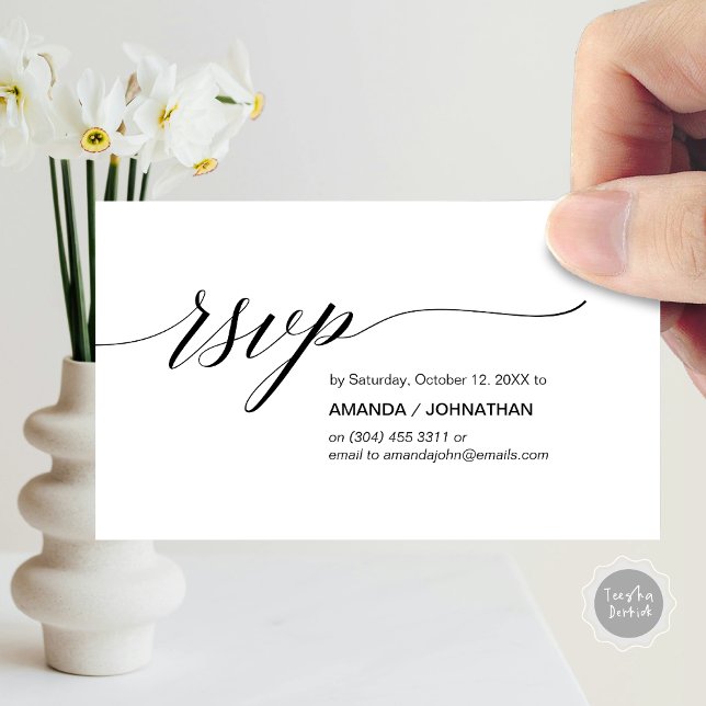 Cartão De Informações Clássico Elegante, Script Preto, RSVP de Partido (Elegant Classic Wedding, Party Invitation RSVP Enclosed Card, in Black and White)