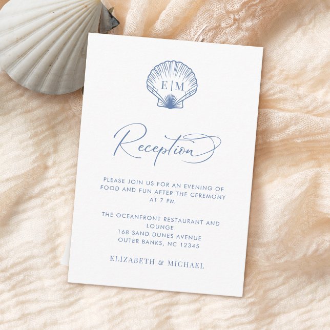 Cartão De Informações Coastal Blue Seashell Monogram Wedding Reception (Criador carregado)