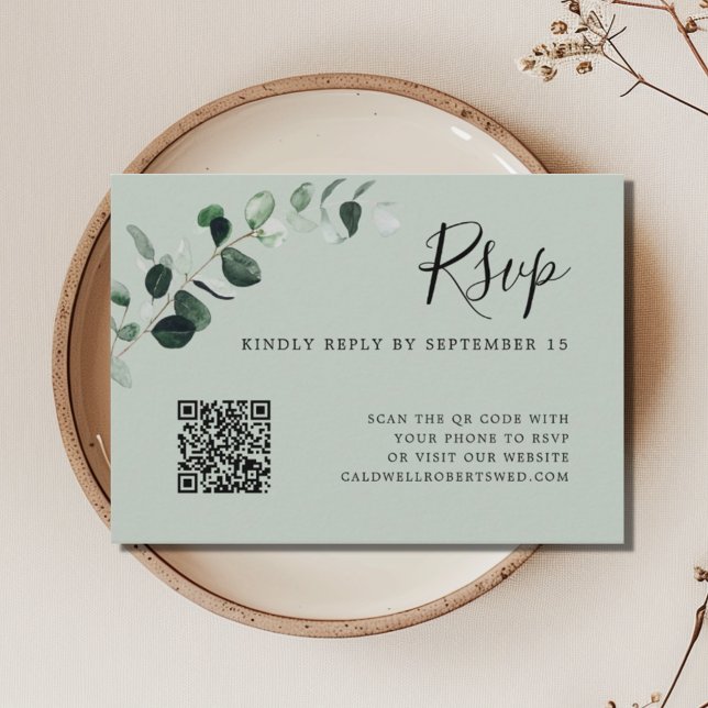 Cartão De Informações Código de Casamento de Código QR do Eucalyptus Sag (Eucalyptus Sage QR Code Wedding RSVP Card)