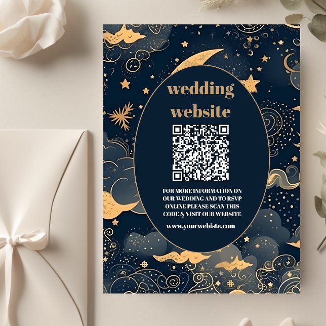 Cartão De Informações código qr Casamento Celestial Azul Meia-Noite Dour (Criador carregado)